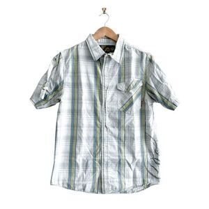 PrAna Mens Casual Button Down Shirt Plaid Short Sleeve White Medium